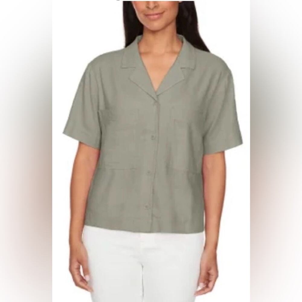 NWT Buffalo David Bitton Olive Linen Blend Short Sleeve Utility Top L